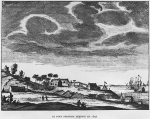 Udsigt over Fort Frederik Hendrik, Mauritius, i 1642, illustration fra Le Premier Etablissement Neerlandais a Maurice af Prins Roland Bonaparte (1858-1924) 1890 af French School