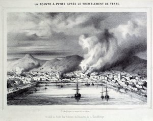 Udsigt over Pointe a Pitre (Pointe-a-Pitre) efter jordskælvet den 8/02/1843. Gravering af Chartres fra det 19. århundrede, Musee des Beaux Arts af French School