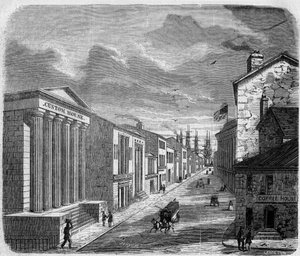 Udsigt over Wall Street, bankdistriktet, New York, New York. USA (USA) af French School