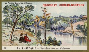 Udsigt over en park i Melbourne, Australien (chromolitho) af French School