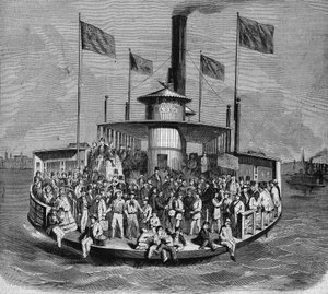 Udsigt over en damper, der skaber forbindelser mellem øerne og byen New York. Gravering af French School