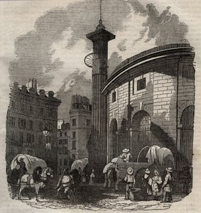 Udsigt over halle au ble i Paris (bygget i 1763-1769) og Medici-søjlen, gravering fra begyndelsen af det 19. århundrede - hvede- og majsudveksling i Paris (bygget i 1763-1769), gravering i begyndelsen af det 19. århundrede - Udsigt over Halle au ble, place af French School