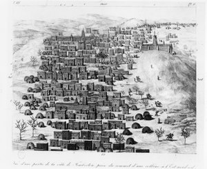 Udsigt over en del af byen Timbuktoo taget fra en bakke mod øst, fra Voyage a Tombouctou af Rene Caillie, udgivet 1830 af French School