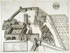 Udsigt over Benediktinerklosteret Saint Pierre de Montmajour (eller Mont Majour), grundlagt i 948, Arles, Frankrig (gravering) af French School