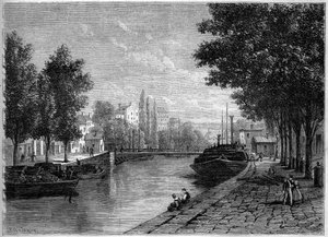 Udsigt over Canal Saint Martin, i Paris, før de transformationer udført af Haussmann i midten af det 19. århundrede. Udsigt taget i højden af rue Saint Sebastien. Indgravering i "" Le Monde Illustré"" nr. 233 af 28. september af French School