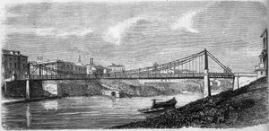 Udsigt over Saint John-broen ved Tiberfloden (Tevere) i Italien, indviet i 1863. Denne stålbro er designet af Alphonse Oudry (1819-1869). Indgravering i "" Le Monde Illustré"" nr. 349 af 19. december 1863. af French School