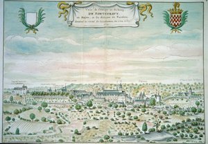 Udsigt over klosteret Fontevrault (Fontevraud) i Maine og Loire Akvarel fra den franske skole. 1699 Paris, B.N. af French School
