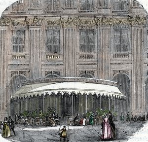Udsigt over cafe de la Rotonde ved Palais-Royal i Paris omkring 1860 (farvet gravering) af French School