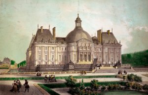 Udsigt over slottet Vaux le Vicomte (Vaux-le-Vicomte) i Maincy (Seine-et-Marne), bygget omkring 1658. Tryk af det 19. århundredes privatsamling af French School