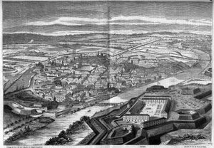 Udsigt over byen og citadellet i Alexandria i Italien af French School
