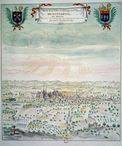 Udsigt over byen og klosteret Saint Pierre de Bourgueil Akvarel fra den franske skole. 1699 Paris, B.N. af French School