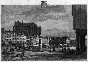 Udsigt over byen Beauvais i Oise. Indgravering fra 1880 i "La republique illustree"" privatsamling. af French School