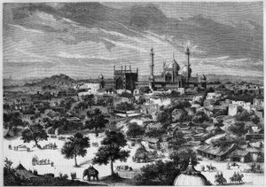 Udsigt over byen Delhi (Indien) i 1857. Fra en skitse af prins Alexis Soltykoff. Gravering af Bertrand i "" Le Monde Illustré"" nr. 20 af 29. august 1857. af French School