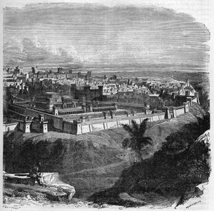 Udsigt over byen Jerusalem før ødelæggelsen af templet. Indgravering i "Histoire des Papes-Rois-Queen and Empereurs a travers les centuries"" af Maurice Lachatre af French School