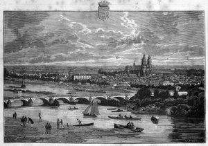 Udsigt over byen Tours i Indre et Loire. Indgravering fra 1880 i "La republique illustree"" privatsamling. af French School