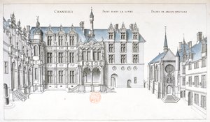 Udsigt over gården og kapellet ved Chantilly (pen, blæk & wc på papir) af French School