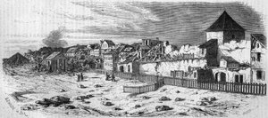 Udsigt over bydelen Kastrich i Mainz (Tyskland), efter eksplosionen af krudttønden i 1857. Fra et fotografi. Indgravering i "" Le Monde Illustré"" nr. 36 af 19. december 1857. af French School