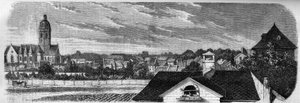 Udsigt over bydelen Kastrich i Mainz (Tyskland) før eksplosionen af krudttønden i 1857. Fra et fotografi. Indgravering i "" Le Monde Illustré"" nr. 36 af 19. december 1857. af French School
