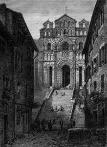 Udsigt over facaden af ​​Cathedrale Notre Dame du Puy en Velay (Puy-en-Velay), Haute Loire (43) af French School