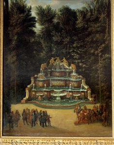 Udsigt over vandbuffetens springvand i Grand Trianons haver i 1713. I forgrunden: Ludvig XIV ved Promenade Peinture de Charles Chatelain. 1700-tallet. Svag. 2,96x1,42 m. Versailles, slottene i Versailles og Trianon af French School