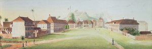 Udsigt over infanterikasernen i Cayenne, Fransk Guyana, ca. 1840 (wc på papir) af French School