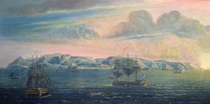Udsigt over øen St. Helena, ca. 1820 (wc og gouache på papir) (se også 182638) af French School