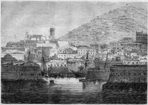 Udsigt over havnen og byen Gaete (Gaeta), Italien af French School