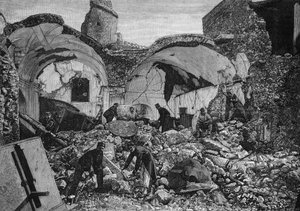 Udsigt over ruinerne af Chiese del Purgatorio, ødelagt under jordskælvet i 1881 på øen Ischia (Italien). Indgravering af Quesnel i "" The Illustrous World"" nr. 1254 af 9. april 1881. af French School