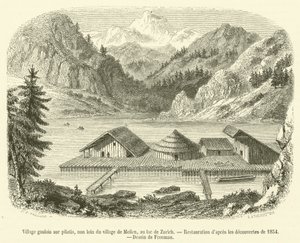 Gallisk landsby på pæle, ikke langt fra landsbyen Meilen, ved Zürich-søen (gravering) af French School