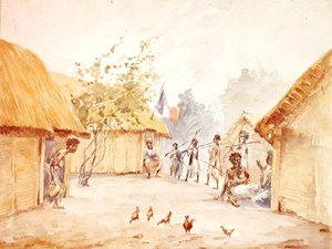 Landsby på Madagaskar på tidspunktet for dens erobring af Frankrig i 1895-96 (akvarel på papir) af French School