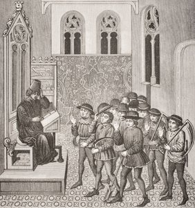 Skurke, der modtager deres Lords Orders, før de går på arbejde, efter en miniature i et manuskript fra det 15. århundrede, fra Le Moyen Age et La Renaissance af Paul Lacroix (1806-84) udgivet 1847 af French School