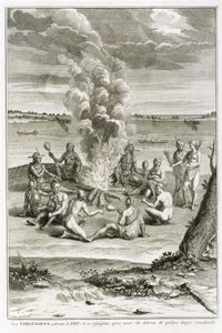 Virginians, der tilbeder ild og fryder sig efter at være blevet udfriet fra betydelig fare, illustration fra religiøse ceremonier og skikke, indgraveret af Bernard Picart (1673-1733) 1721 af French School