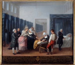 Besøg af Monsieur og Madame Necker på velgørenhedshospitalet Dette er et hospital (nu Necker Hospital i Paris) grundlagt af ministeren og hans kone, hustru til Lettres i 1778. Maleri af den franske skole. 1700-tallet. Paris, Musee de l