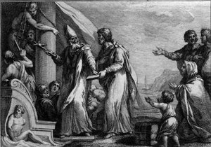 Besøg af Saint Germain the Auxerrois i England, omkring 430: Saint Germain (omkring 378-448), Auxerre eveque, der kom for at bekæmpe pelagianismen, betragtes som et kætteri. Stik af det 18. århundrede. af French School