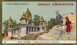 Besøg i et tempel i Benares, Indien (chromolitho) af French School