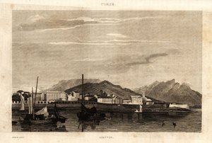 Udsigt over Ajaccio, Korsika, gravering fra 1836. af French School