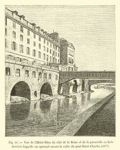 Udsigt over Hôtel-Dieu fra siden af ​​Seinen og trægangbroen, bag hvilken vi stadig kan se støtten til Saint-Charles-broen, 1877 af French School