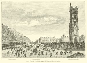 Udsigt over Tour Saint-Jacques fra Boulevard Sebastopol i 1866 af French School
