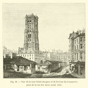 Udsigt over Saint-Jacques-tårnet og Cour du Commerce, taget fra rue des Arcis før 1830 af French School