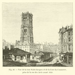 Udsigt over Saint-Jacques-tårnet og Cour du Commerce, taget fra rue des Arcis før 1830 af French School