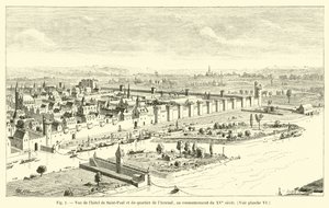 Udsigt over Hôtel de Saint-Paul og Arsenal-distriktet, i begyndelsen af ​​det 15. århundrede, se plade VI af French School