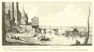 Udsigt over paladstårnene og den midlertidige gangbro efter Pont au Change-branden i 1621 fra en tegning i Bonnardot-samlingen af French School
