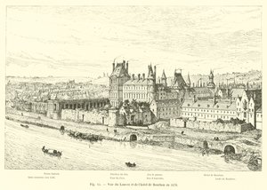 Udsigt over Louvre og Hotel de Bourbon i 1576 af French School