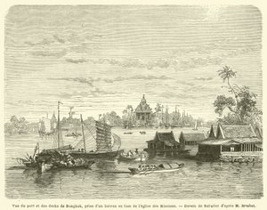 Udsigt over havnen og havnen i Bangkok, taget fra en båd foran Missionskirken (gravering) af French School