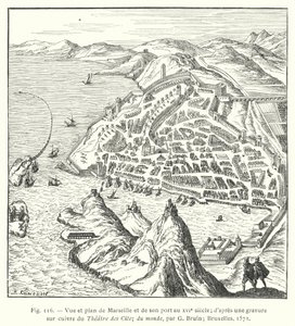 Udsigt og plan over Marseilla og dens havn i det 16. århundrede; fra et kobberstik af Theatre des Citez du monde, af G Bruin; Bruxelles af French School