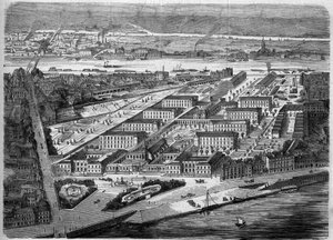 Udvendigt billede af Hotel Dieu (Hotel-Dieu) i Nantes, indviet i 1863. Dette hospital blev næsten fuldstændig ødelagt under et bombardement i 1943. Loire Atlantique (44). Indgravering i ""Le Monde Illustre"" nr. 347 af 5. december 1863. af French School