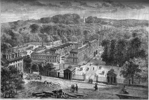 Udvendig udsigt over den kejserlige porcelænsfabrik i Sevres, bygget i parken Saint Cloud efter arkitekten Laudins planer af French School