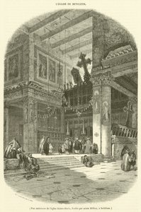 Indvendigt billede af Saint Mary-kirken, grundlagt af Saint Helena, i Betlehem (gravering) af French School