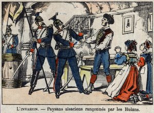 Krig i 1870 mellem Frankrig og Preussen: Elsassiske bønder udsat for hulanernes (Uhlans, Houlans) billede af Epinal. af French School