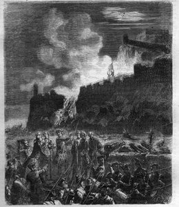 Den spanske arvefølgekrig (1701-1714) mellem Frankrig og dets allierede Spanien og en koalition af europæiske lande. Indgravering i "Histoire des Papes-Rois-Queen and Empereurs a travers les centuries"" af Maurice Lachatre af French School